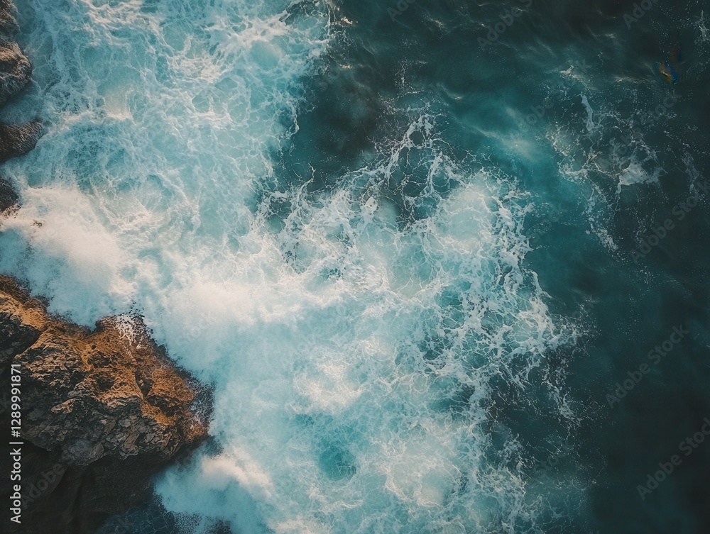 Fototapeta premium Aerial View of Ocean Waves Crashing on Rocky Shoreline, Blue and White Water Texture.
