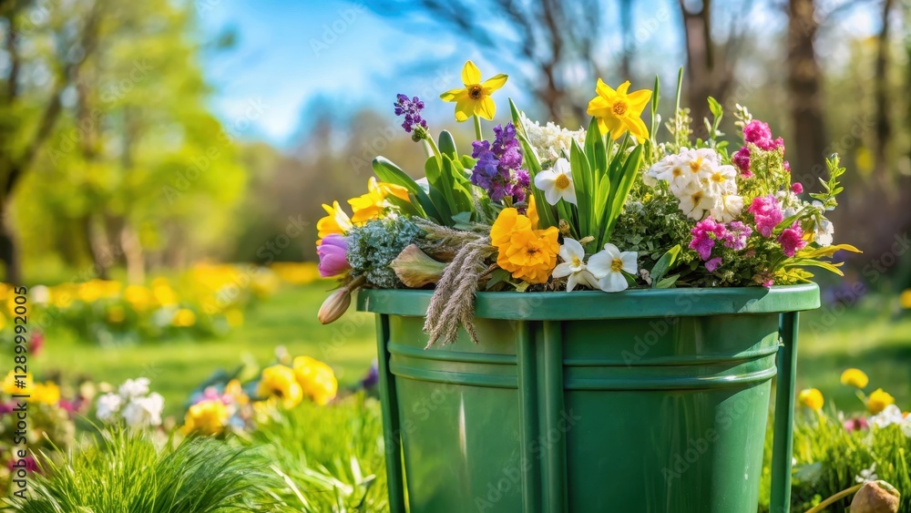 Fototapeta premium Green garden waste in bin with spring flowers around it, trash can, blooming flowers