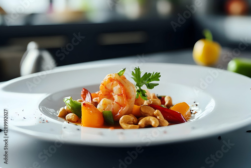 Exquisite shrimp stir-fry with cashew nuts and fresh vegetables served on plate