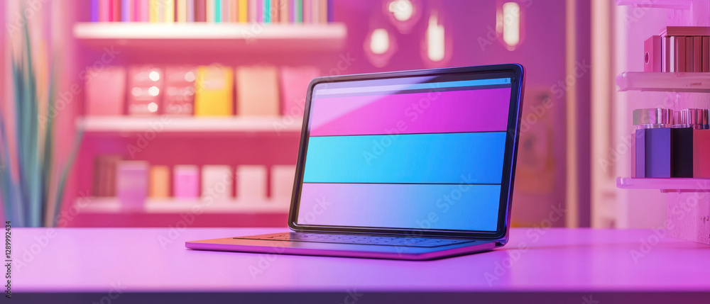 vibrant laptop with colorful gradient display sits on stylish table, surrounded by modern aesthetic