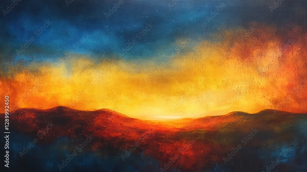 Dramatic Abstract Landscape Painting with Golden Sunset Sky and Rolling Hills on Canvas Texture. Dramatic Abstract Landscape Painting with Golden Sunset Sky and Rolling Hills on Canvas Texture.