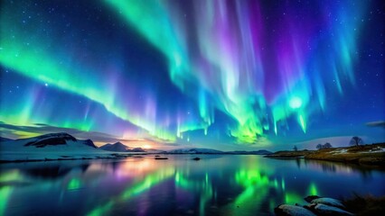 Rideaux  Aurora Borealis in dark blue sky with vibrant green and purple lights  © udomsak