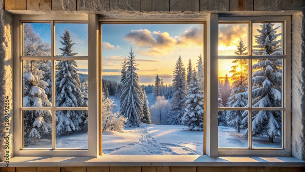 Fototapeta premium Winter Forest Landscape Through Cottage Window, frosty morning, peaceful atmosphere