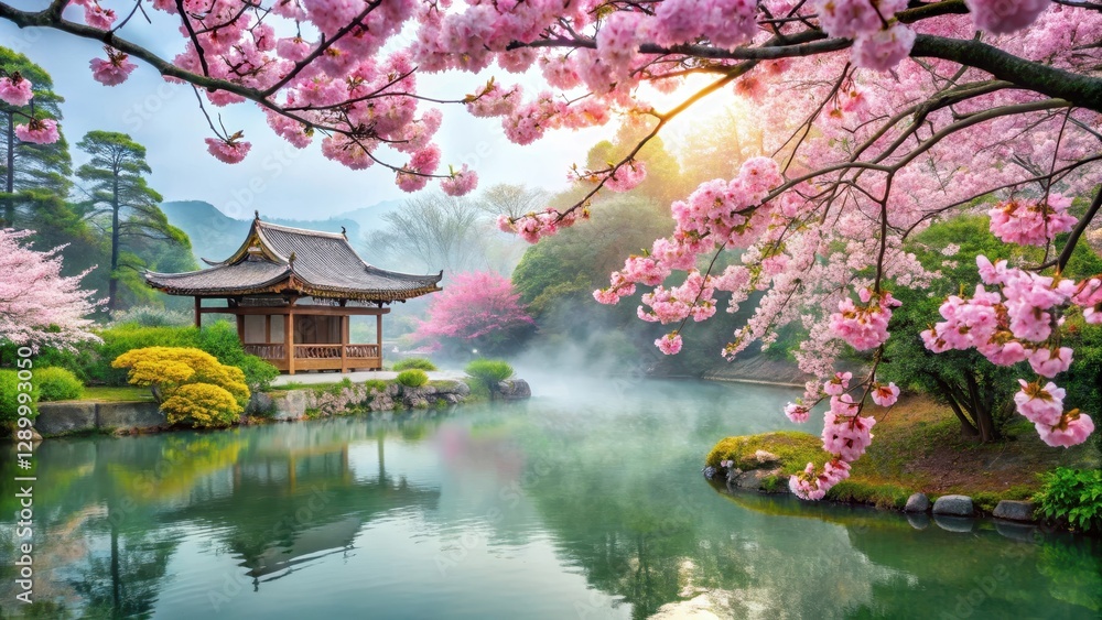Obraz premium Cherry blossoms in full bloom against a serene Asian-style garden background with lush greenery and gentle mist, spring flowers, nature