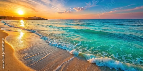 Beautiful turquoise water with waves gently lapping at the shore in Ginosa Marina