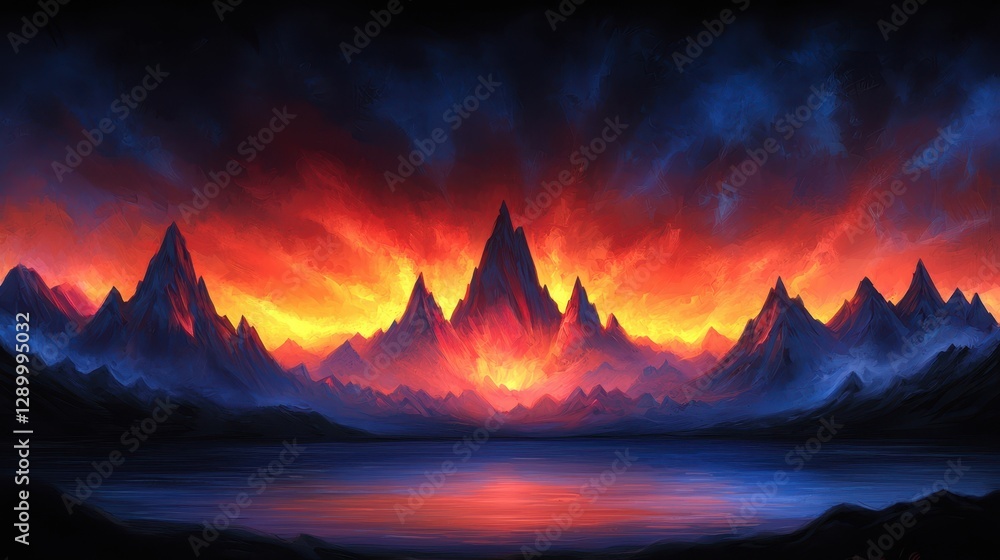 A breathtaking landscape features towering mountains illuminated by a fiery sunset, reflecting vibrant colors on a calm lake. A breathtaking landscape features towering mountains illuminated by a fiery sunset, reflecting vibrant colors on a calm lake.