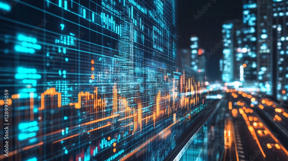 Futuristic Cityscape with Digital Data Overlay at Night Futuristic Cityscape with Digital Data Overlay at Night