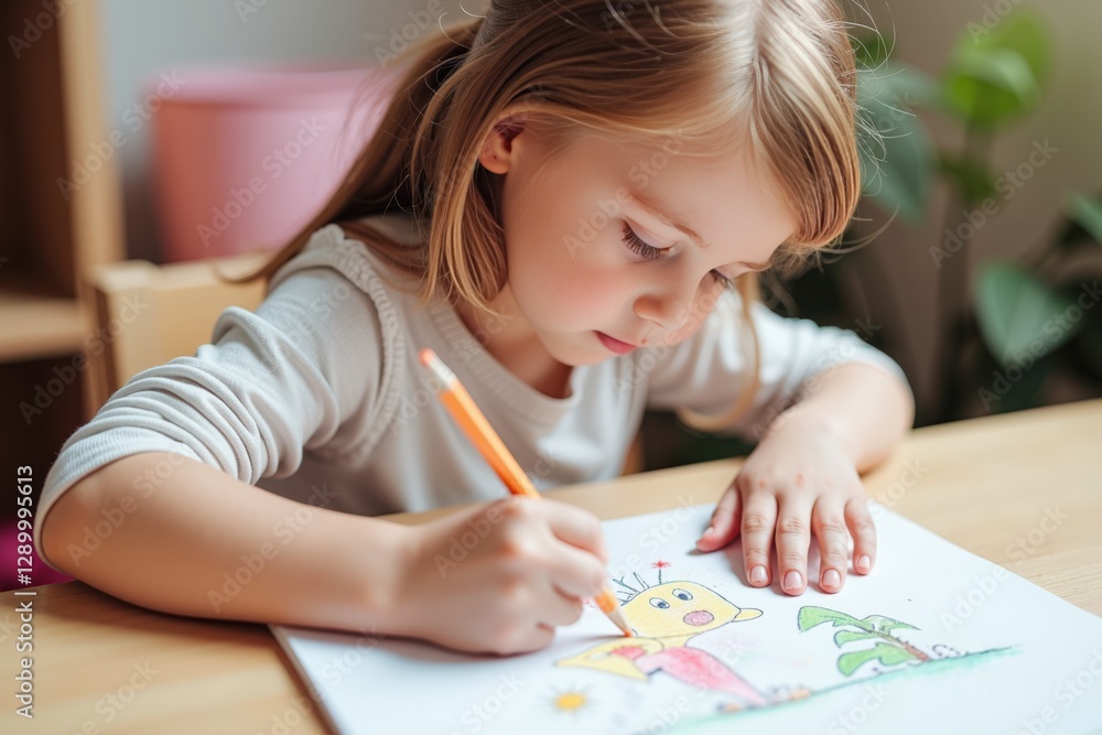Young Caucasian Girl Engaged in Creative Coloring Activity with Orange Pencil, Showcasing Artistic Skills in Cozy Indoor Setting, Fostering Imagination and Focus Young Caucasian Girl Engaged in Creative Coloring Activity with Orange Pencil, Showcasing Artistic Skills in Cozy Indoor Setting, Fostering Imagination and Focus