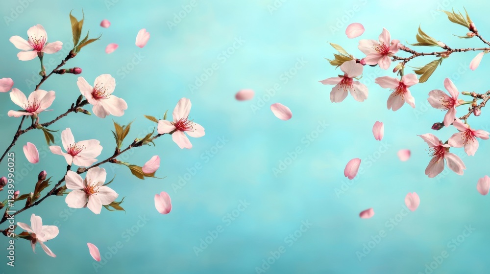 A sakura petals spring background inside the studio, where cherry blossoms gently float through the air, set against a clear blue sky with soft, diffused lighting A sakura petals spring background inside the studio, where cherry blossoms gently float through the air, set against a clear blue sky with soft, diffused lighting