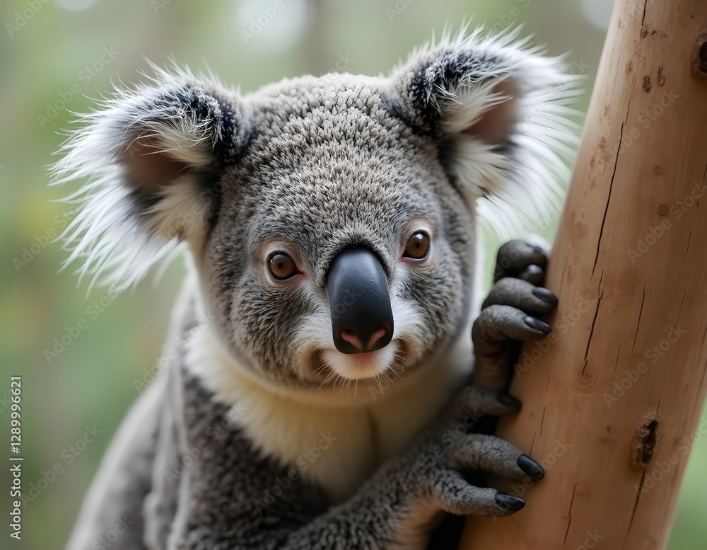 Naklejka premium Koala with black round nose and big ears, natural charm of exotic animals calm with tight hug on tree trunk gives the impression of tranquility in the beauty of nature