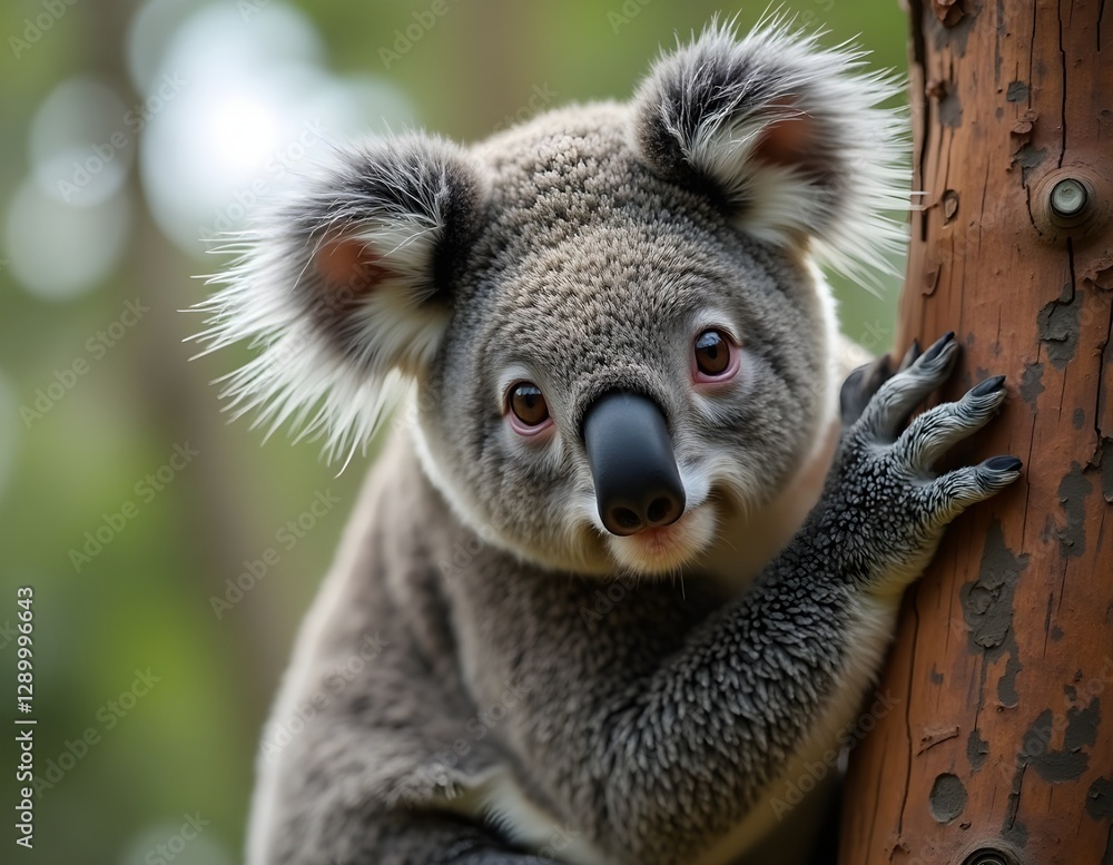 Naklejka premium Koala with black round nose and big ears, natural charm of exotic animals calm with tight hug on tree trunk gives the impression of tranquility in the beauty of nature