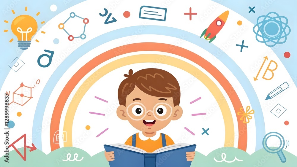 Smart Kid Reading a Book with Science and Education Icons in Background – Learning, Knowledge, and Curiosity Concept Smart Kid Reading a Book with Science and Education Icons in Background – Learning, Knowledge, and Curiosity Concept