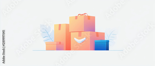 Minimalist illustration of delivery boxes with leaves, conveying joy