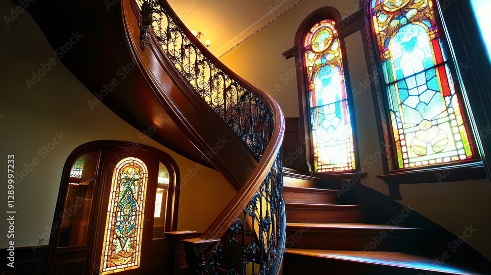 Fototapeta premium Grand Victorian Staircase with Stained Glass Windows