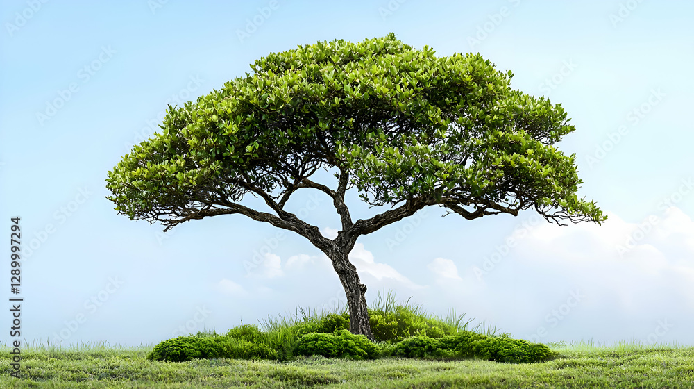 Obraz premium Single Green Tree on Grassy Field under Blue Sky with Clouds
