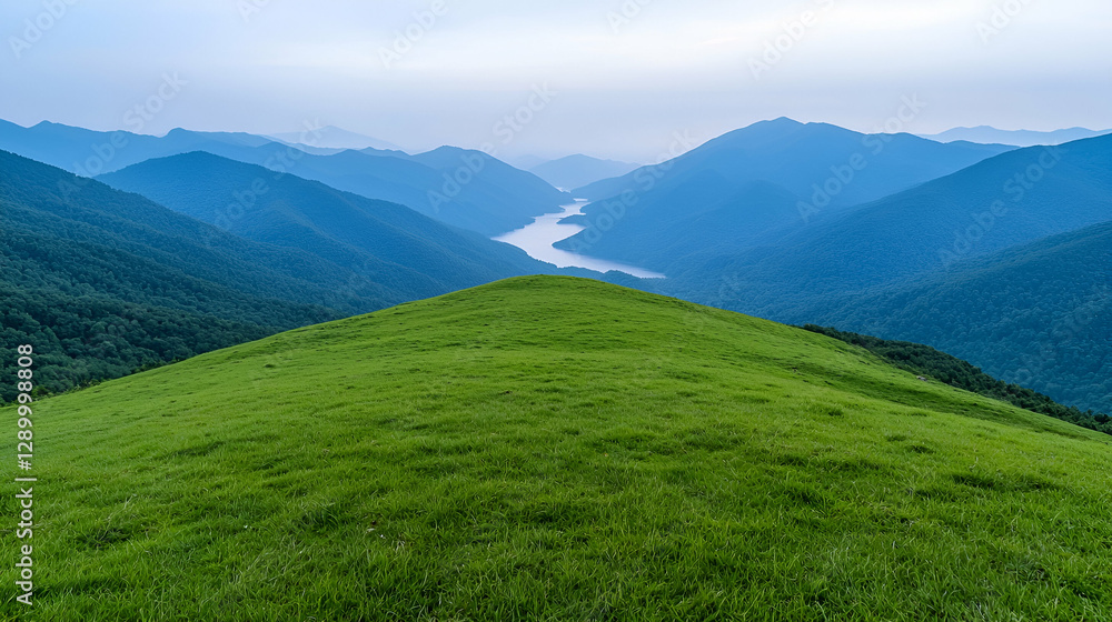 Fototapeta premium Mountaintop meadow overlooking valley, lake, and distant hills; scenic nature wallpaper