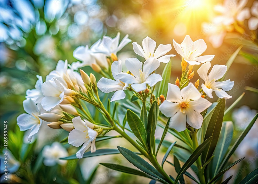 Obraz premium White Oleander's summer bloom: a photographic documentary capturing garden beauty.