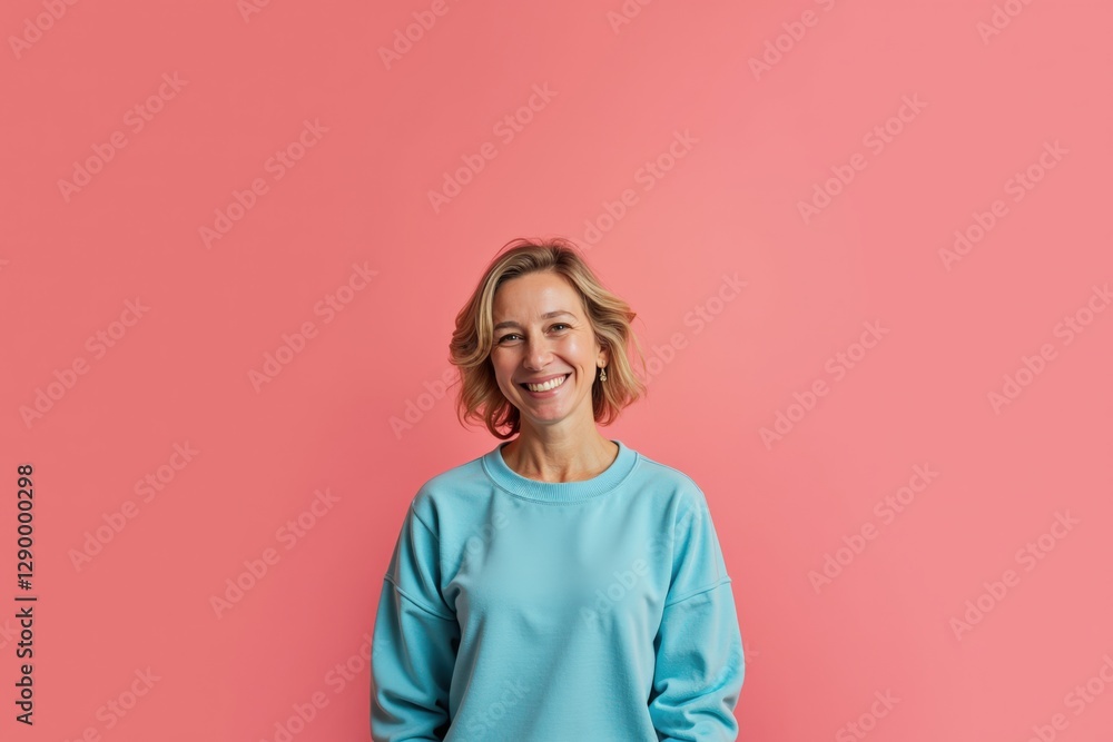 Cheerful Middle-Aged Caucasian Woman Smiling in Light Blue Sweatshirt Against Pink Background, Perfect for Lifestyle and Personal Branding Photography Cheerful Middle-Aged Caucasian Woman Smiling in Light Blue Sweatshirt Against Pink Background, Perfect for Lifestyle and Personal Branding Photography
