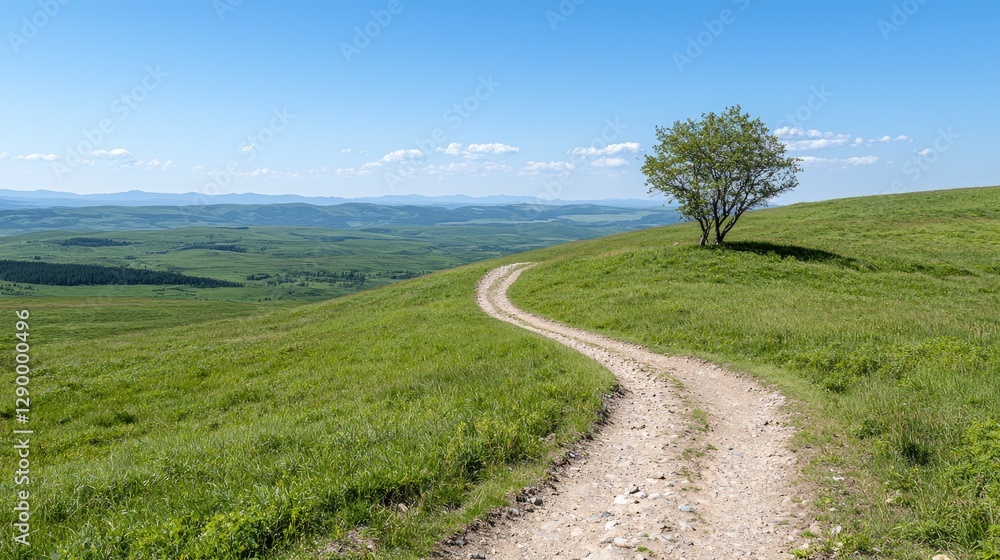 Winding Country Road Through Lush Hills Under a Sunny Sky Winding Country Road Through Lush Hills Under a Sunny Sky