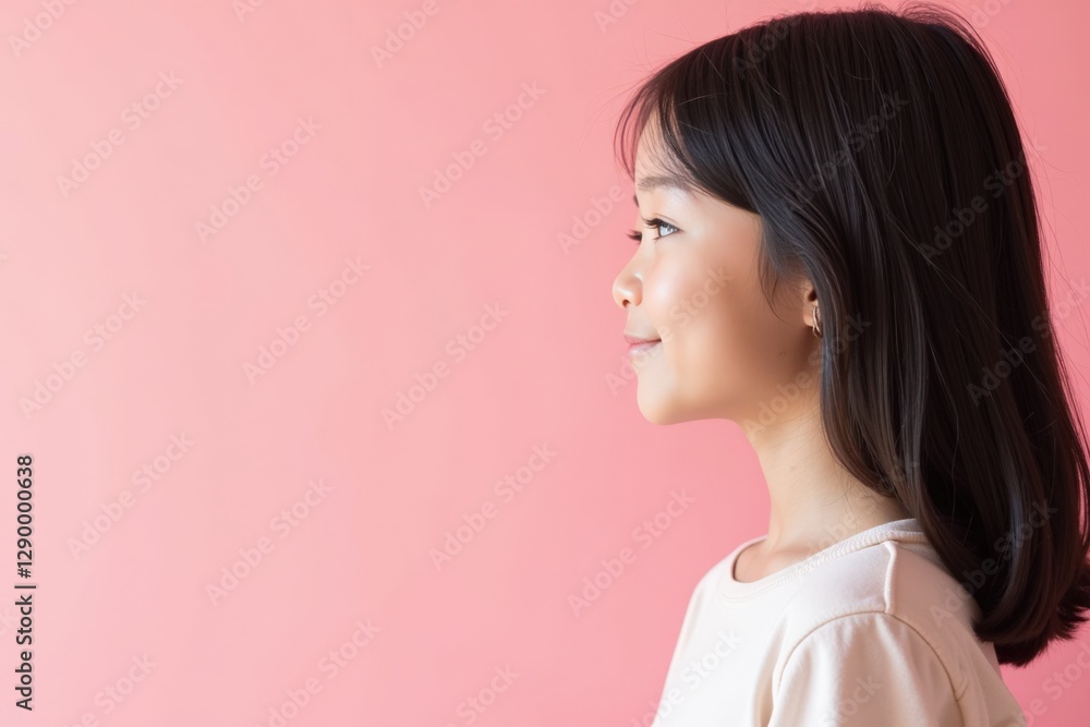 Profile Portrait of a Young Asian Girl with Medium-Length Brown Hair Against a Soft Pink Background, Capturing a Playful and Innocent Expression