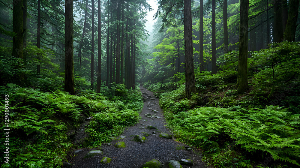 Fototapeta premium Misty Forest Path Through Lush Green Woodland