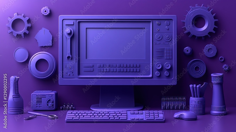 Fototapeta premium Purple Retro Computer Workspace with Gears