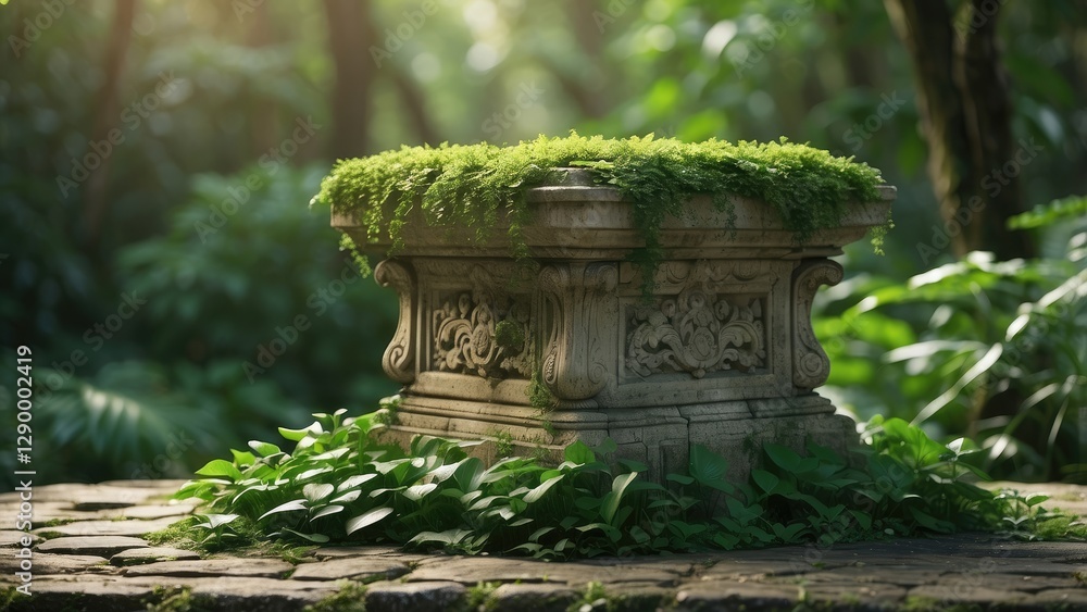 A round stone platform surrounded by lush green foliage with various types of leaves A round stone platform surrounded by lush green foliage with various types of leaves