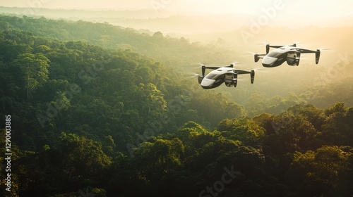 Wallpaper Mural Electric air taxis flying over a dense forest at midday. Featuring green transport and environmental consciousness Torontodigital.ca