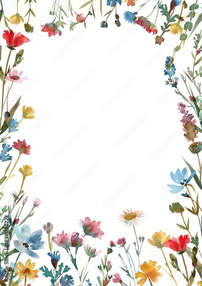 Fototapeta premium Tiny wildflowers frame watercolor background design.