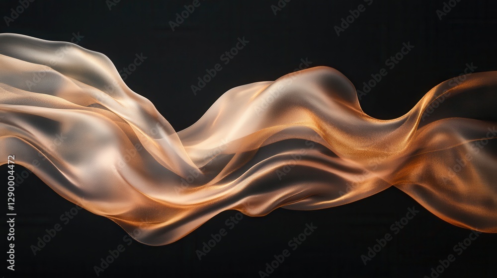 Fototapeta premium Abstract Wavy Fabric in Gold and Beige Tones Flowing on Black Background - Elegant Textile Texture.