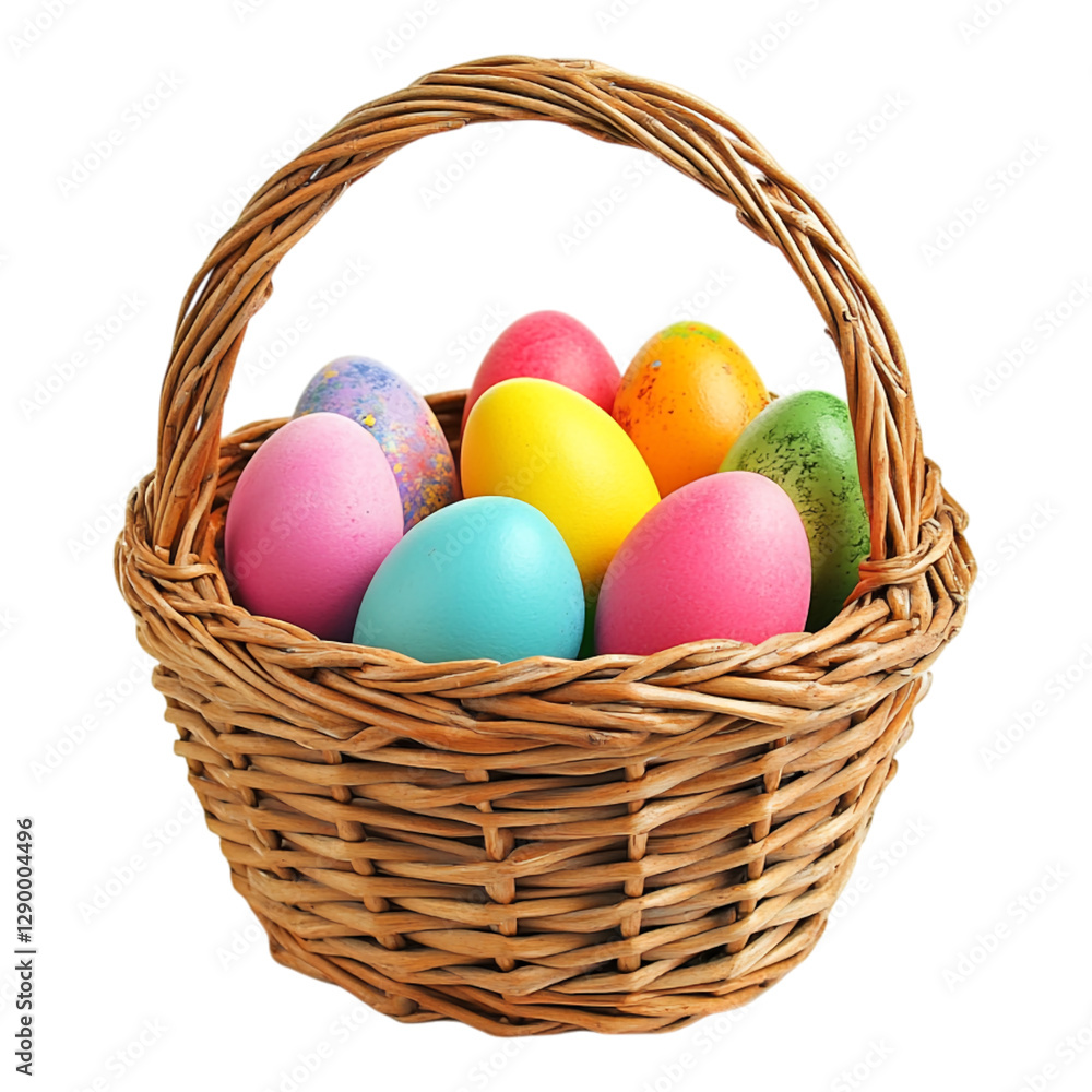 A woven Easter basket filled with colorful eggs isolated on transparent background, in PNG format, cut out A woven Easter basket filled with colorful eggs isolated on transparent background, in PNG format, cut out