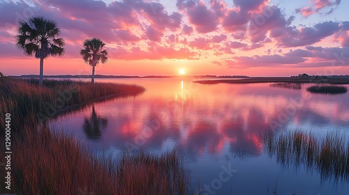 Serene sunset over a tranquil lake with palm trees and vibrant reflections on the water.