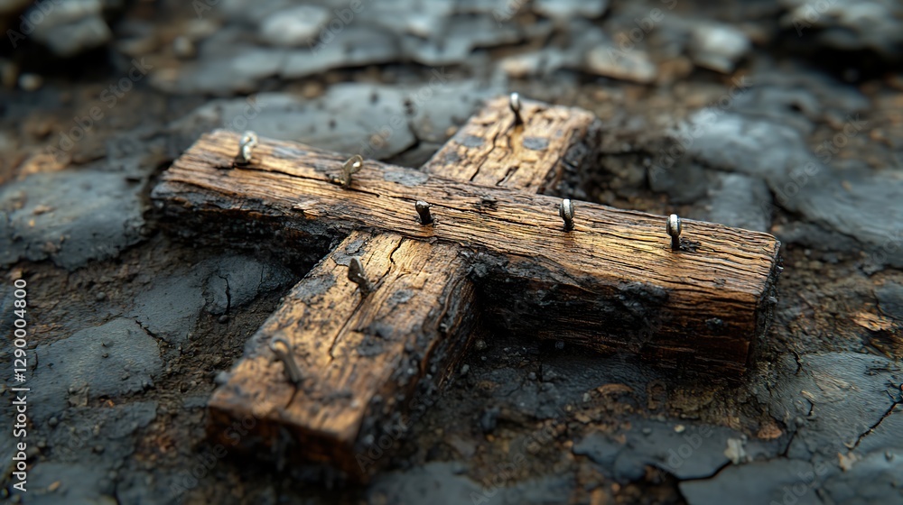 arma christi holy nails and cross wooden cross made of wood and nails on cracked ground 3d illustration arma christi holy nails and cross wooden cross made of wood and nails on cracked ground 3d illustration