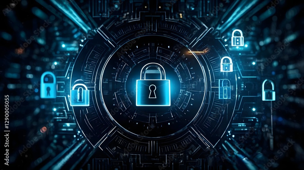 Futuristic visualization of secure technology infrastructure featuring illuminated data servers and a glowing security lock symbol in a modern data center. Cyber Security Background Futuristic visualization of secure technology infrastructure featuring illuminated data servers and a glowing security lock symbol in a modern data center. Cyber Security Background