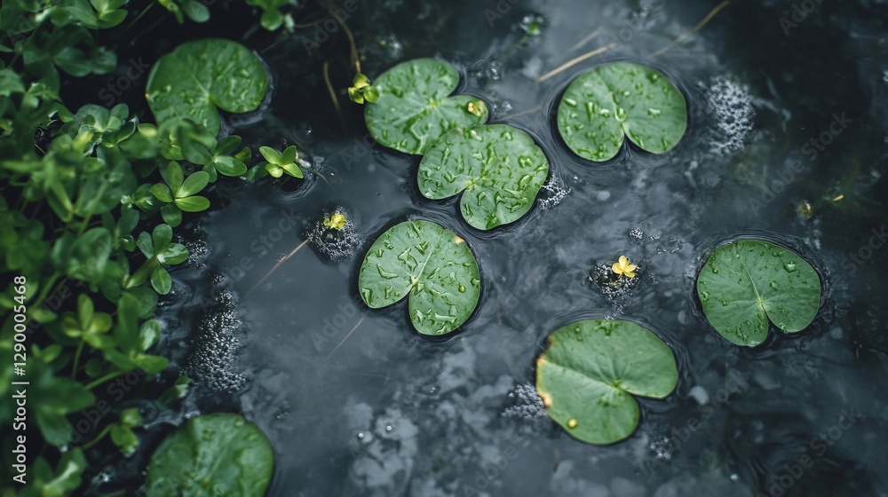 Water lily pads floating on a pond. Peaceful and relaxing nature image with serene and tranquil vibes. Water lily pads floating on a pond. Peaceful and relaxing nature image with serene and tranquil vibes.