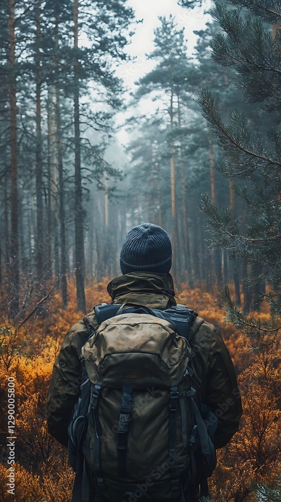 Hiker autumn forest path fog Hiker autumn forest path fog