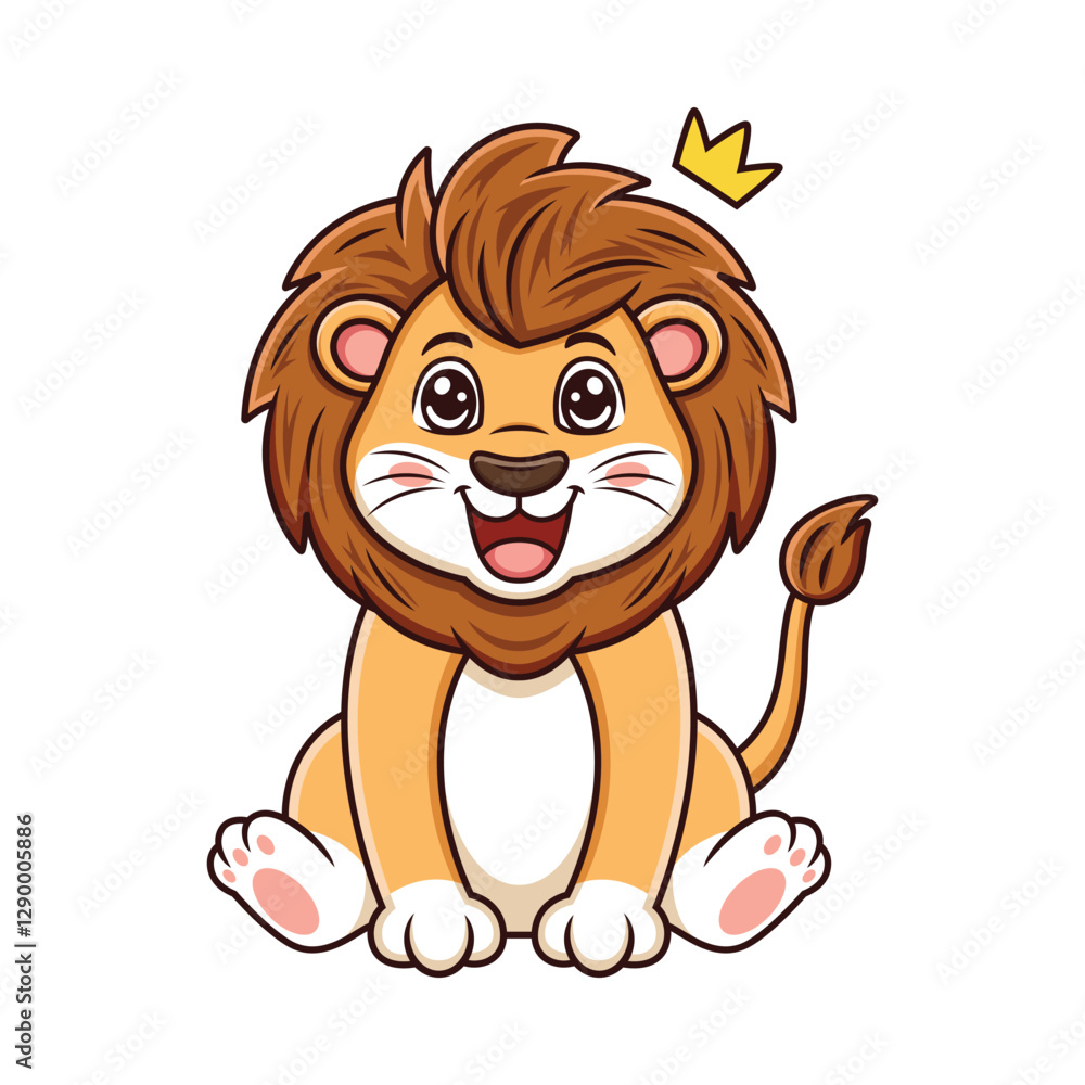 Fototapeta premium Cute king lion with sitting pose. Vector cartoon illustration isolated on white background