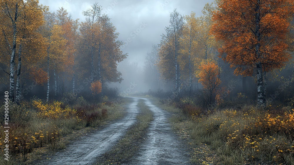 autumn road in the foggy forest 3d rendering autumn road in the foggy forest 3d rendering
