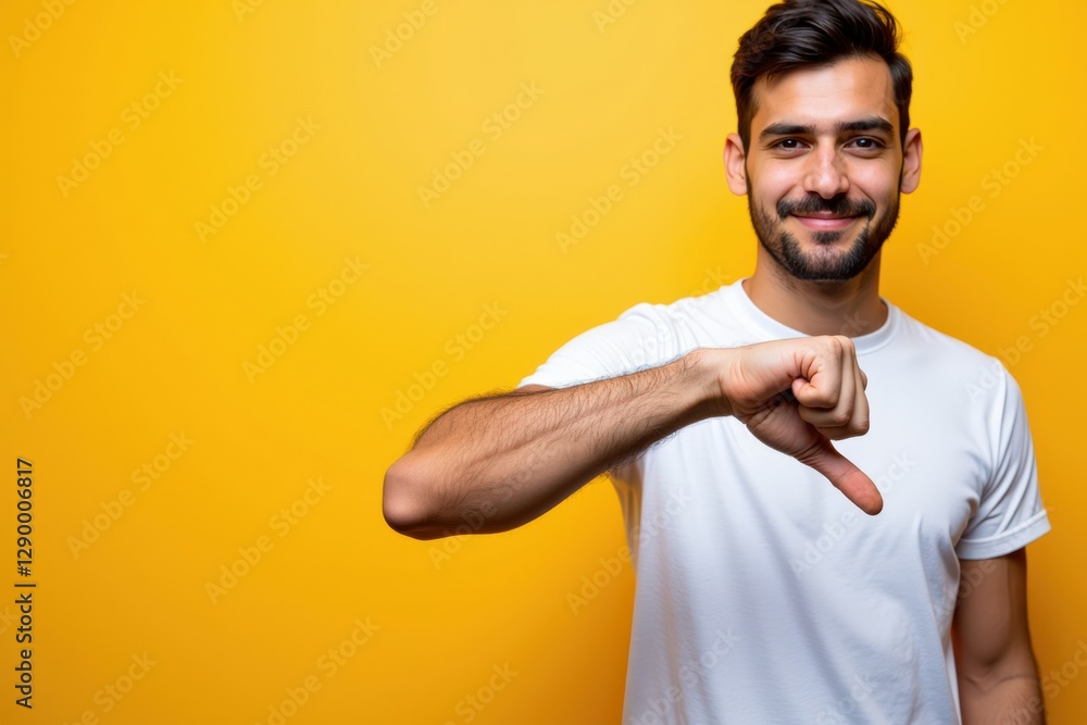 A smiling young Middle-Eastern man in a white t-shirt making a thumbs-down gesture against a vibrant yellow background, conveying a playful contradiction of positivity and negativity. A smiling young Middle-Eastern man in a white t-shirt making a thumbs-down gesture against a vibrant yellow background, conveying a playful contradiction of positivity and negativity.