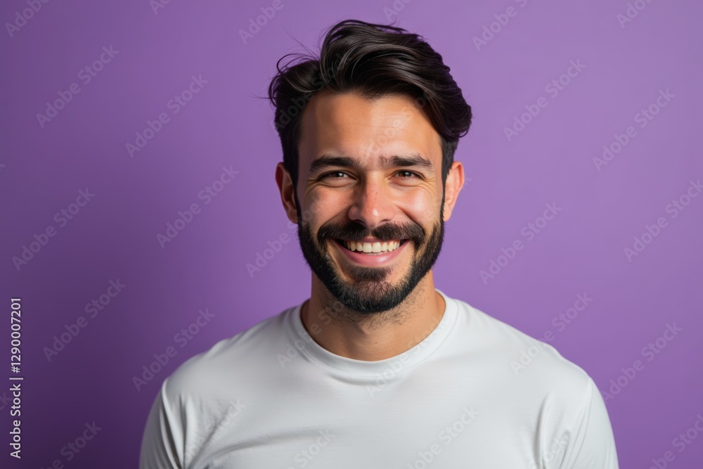 Cheerful Young Man with Dark Hair and Beard Smiling Against a Purple Background, Showcasing Warmth and Positivity in a Studio Setting Cheerful Young Man with Dark Hair and Beard Smiling Against a Purple Background, Showcasing Warmth and Positivity in a Studio Setting