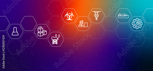 Industrial manufacturing lean production engineering, equipment maintenance and safety compliance production planning gradient header construction wrench gear chemical material helmet safety icon