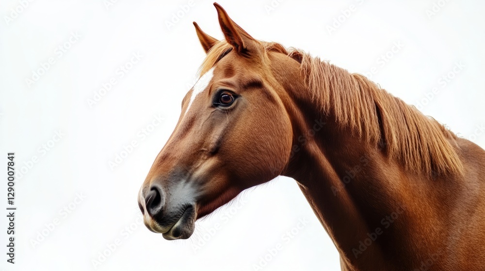 Fototapeta premium Portrait of a bay horse, soft light, white background, showcasing elegance and calm presence.