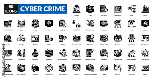 Cyber crime glyph icon collection set. Includes hacker, malware, phishing, ransomware, spyware, breach, fraud, firewall, encryption, password, identity, scam, virus, threat, surveillance