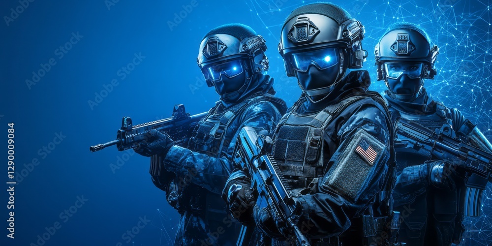 Cybernetic soldiers with glowing visors stand ready for combat Cybernetic soldiers with glowing visors stand ready for combat