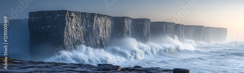 Misty seascape with rocky cliffs and crashing waves under a soft blue light.