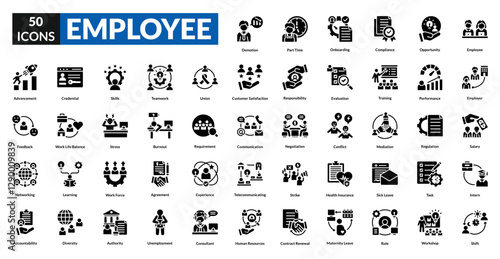 Employee glyph icon collection set. Includes team, staff, worker, personnel, colleague, manager, intern, supervisor, leader, recruiter, professional, assistant, administrator, associate, consultant
