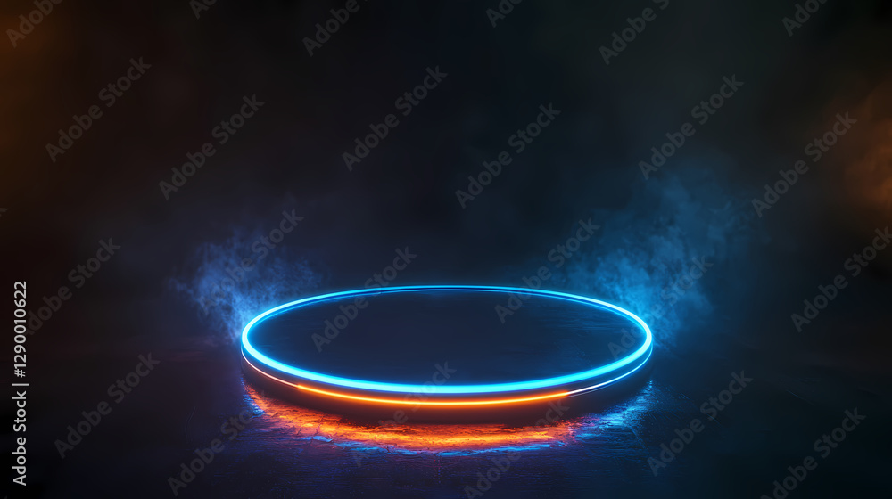 Neon platform glowing with blue and orange lights