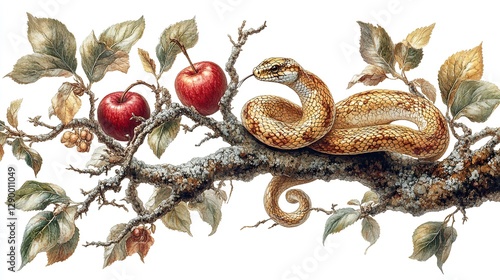 bible old testament creation genesis the original sin the forbidden fruit snake and apple on tree branch