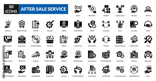 After sale service glyph icon collection set. Includes warranty, support, repair, maintenance, feedback, care, upgrade, return, exchange, satisfaction, hotline, assistance, replacement, guarantee