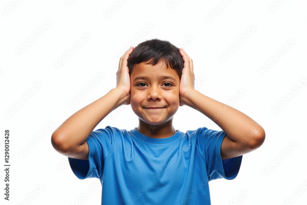 Cheerful South Asian Boy Smiling with Hands on Ears in Bright Blue T-Shirt, Capturing Joy and Playfulness in a Studio Setting Cheerful South Asian Boy Smiling with Hands on Ears in Bright Blue T-Shirt, Capturing Joy and Playfulness in a Studio Setting